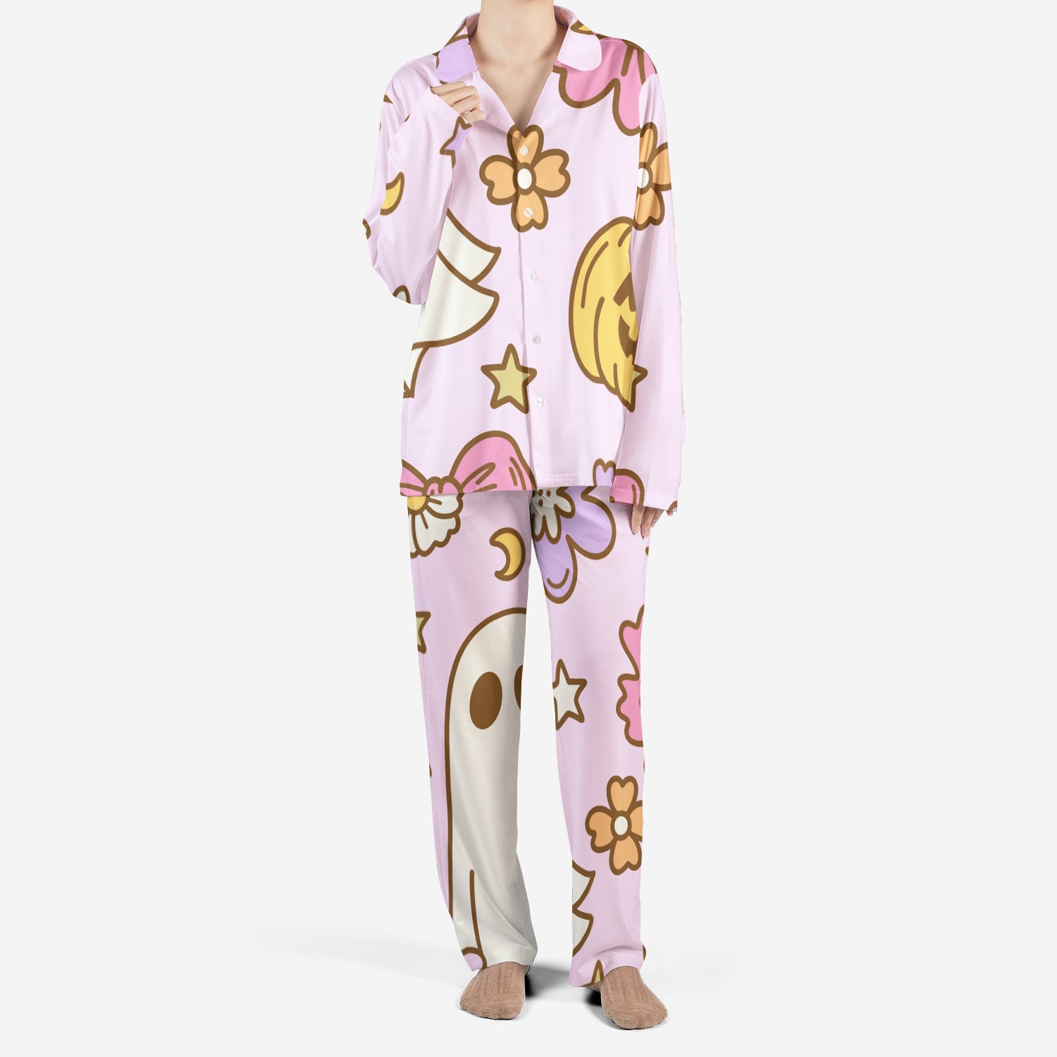 Pink Preppy Ghost Halloween Pajamas Set – Cozy Sleepwear