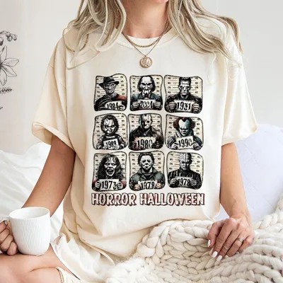 Horror Movie T-Shirt Scary Halloween Top Horror Friend Graphic T-Shirt Retro Halloween Vibes Casual Cotton Menswear Womenswe