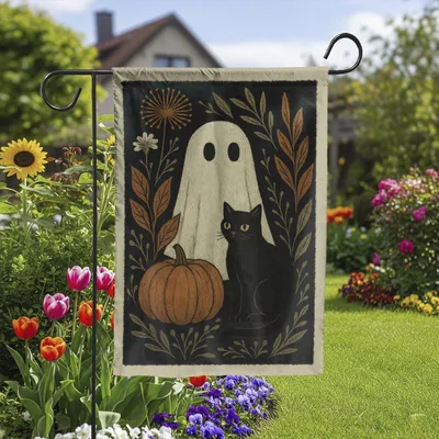 Vintage Ghost Black Cat Vertical Garden Flag, Boho Halloween Pumpkin Decor, Fall Leaves Cottagecore Yard Banner, Spooky Botanical Art Vertical Garden Flag
