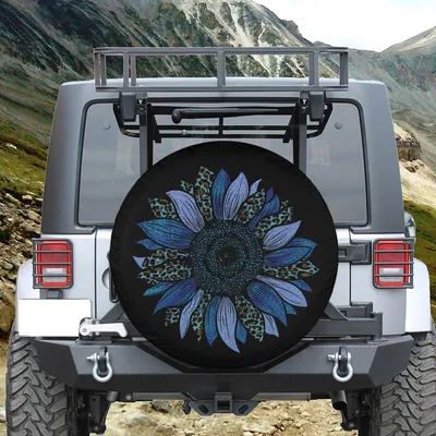 Spare Tire Cover With Backup Camera Hole, Unique Blue Sunflower With Animal Print Petals Spare Tire Cover
