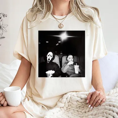 Scary Movie Night T-Shirt,Ghostface And Michael Myers,Horror Film Parody,Spooky Halloween T-Shirt.Women'S Tops,Womenswear Streetwear
