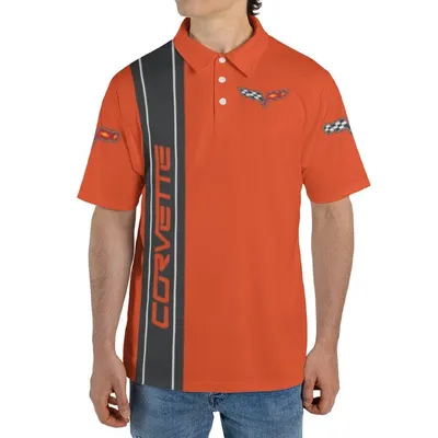 Corvette Polo Polo Shirt, Crossed Flags Logo, Orange Black Stripe Design, Chevrolet Emblem, Car Enthusiast Apparel