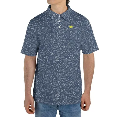 Navy Blue Abstract Floral Polo Polo Shirt, Minimal White Line Art Pattern, Elegant Casual Summer Polo For Men