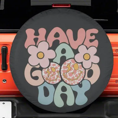 Have A Good Day Retro Text Spare Tire Cover, Colorful 70s Style Floral Tire Cover, Cheerful Car Accessory Spare Tire Cover