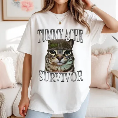 Tummy Ache Survivor Cat T-Shirt Funny Cat Meme Graphic For Cat Owners Hilarious Kitty Humor T-Shirt Unisex Cotton