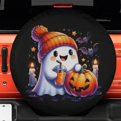 Spare Tire Cover, Cute Ghost Halloween Design, Pumpkin Bats Art, Waterproof Dustproof Protector, All-Weather Universal Fit Spare Tire Cover