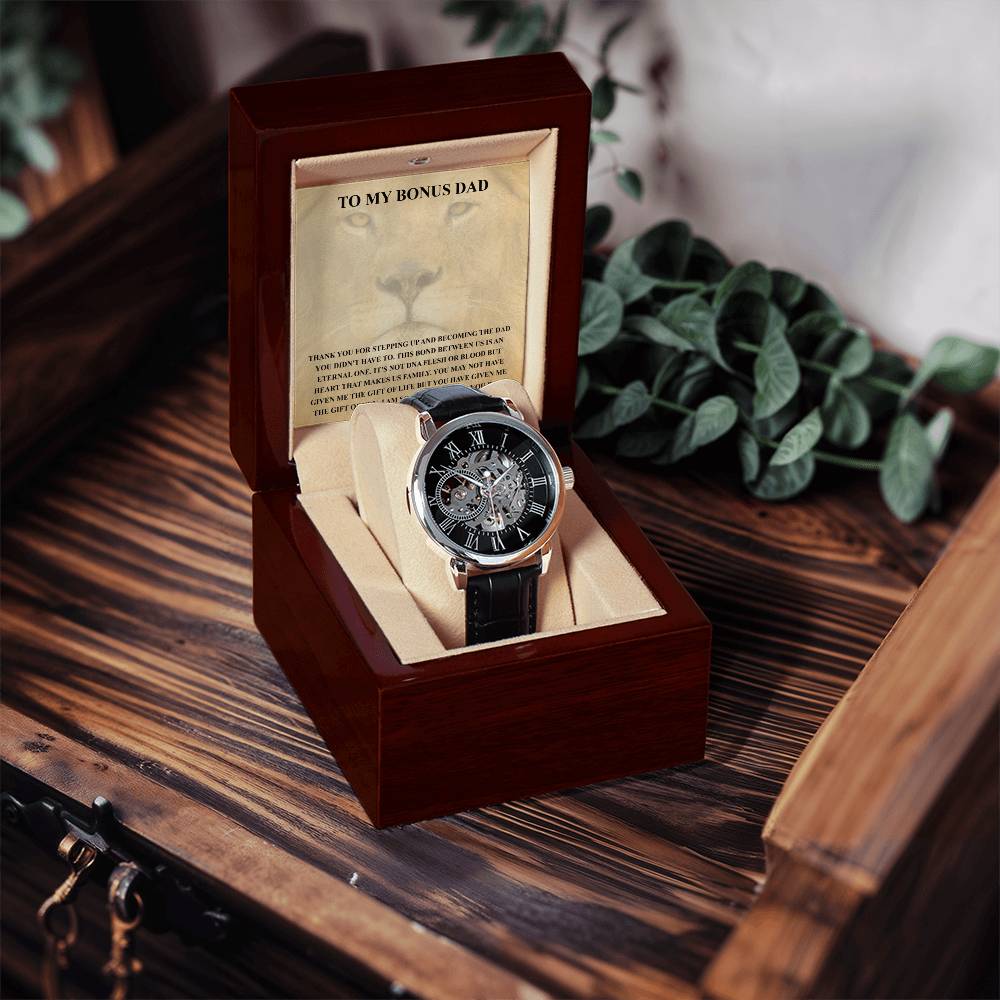 Step Dad Gift From Step Daughter Openwork Automatic Leather Strap Mens Watch Gift For Men To My Bonus Dad Stepped Up Dad Gift Openwork Watch