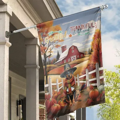 Thanksgiving Farmhouse House Flag, Grateful Dog With Turkey & Autumn Scene Vertical House Flag