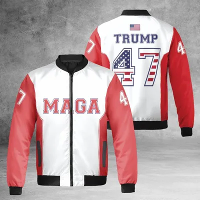 Unisex Donald Trump Maga 47 Bomber Jacket, Us Patriot Supporter Gear, Red White & Blue Political Fan Merch Bomber Jacket