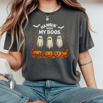 Hangin With My Boos T-Shirt Funny Ghost And Pumpkin Graphic T-Shirt Cute Halloween Hanging Ghosts Fall T-Shirt