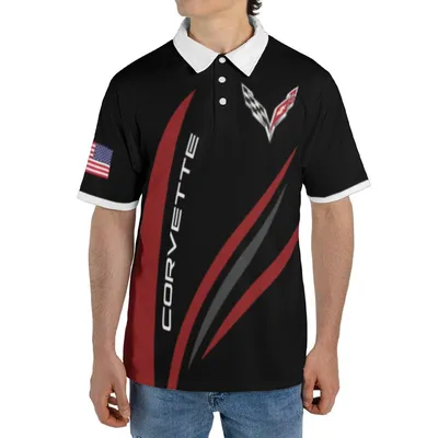 Corvette C8 Polo Polo Shirt - Black Red 3d Racing Polo Shirt - Sports Car Gift For Corvette Fans