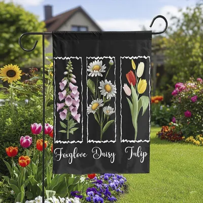 Vertical Garden - Foxglove Daisy Tulip Floral House Flag, Subtle Floral 8647 Fdt Yard Sign Garden Decor, Foxtrots Deltas Tangos Retro Vintage Boho Garden Gift Vertical Garden Flag
