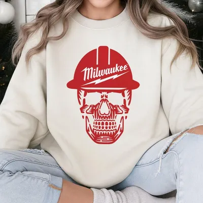 Milwaukee Tool Sweatshirt With Red Hard Hat Skull Design, Warm Construction Workwear, Style Top For Men And Women