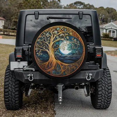 Gold Celtic Tree Of Life Spare Tire Cover - Mystical Moon Night Spiritual Art, Fantasy Nature Graphic, Universal Waterproof Tire Protector Spare Tire Cover