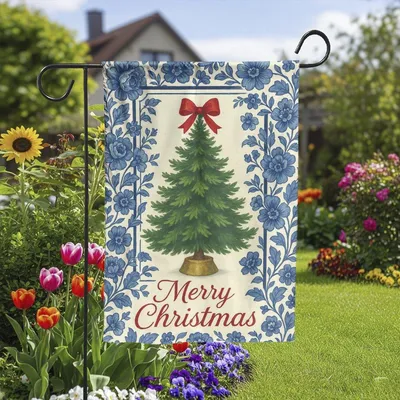 Chinoiserie Christmas Garden Flag, Blue Floral Holiday Yard Banner, Elegant Merry Christmas Outdoor Decor, Winter Porch Flag Vertical Garden Flag