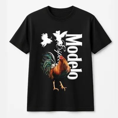Modelo Rooster T-Shirt, Bold Rooster Graphic With Dynamic Fighting Cocks, Perfect For Beer Lovers