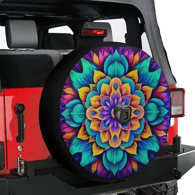 Colorful Mandala Spare Tire Cover, Neon Bohemian Geometric Floral Art, Psychedelic Wheel Cover For Women, Backup Camera Hole Option, Universal Fit Suv Rv Spare Tire Cover