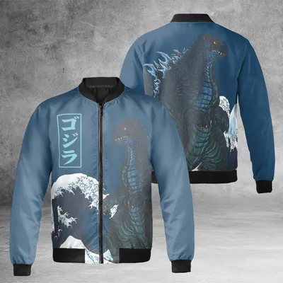 Godzilla Bomber Jacket, Windproof Bomber Jacket, Great Wave Off Kanagawa Style, Kaiju Streetwear, Movie Fan Gift Bomber Jacket