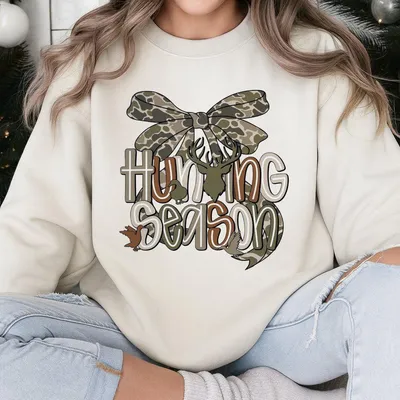 Hunting Season Sweatshirt, Deer Hunting Sweatshirt, Girls Camo Bow Sweatshirt, Hunting Season, Duck Hunting Camo Coquette Bow Sweatshirt