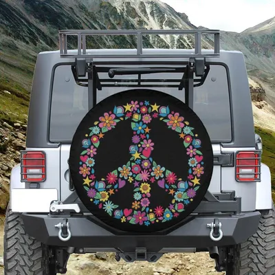 Spare Tire Cover With Floral Peace Sign, Hippie Peace Spare Wheel Cover, Backup Camera Hole, Flowers Peace Car Accessories For Women Spare Tire Cover