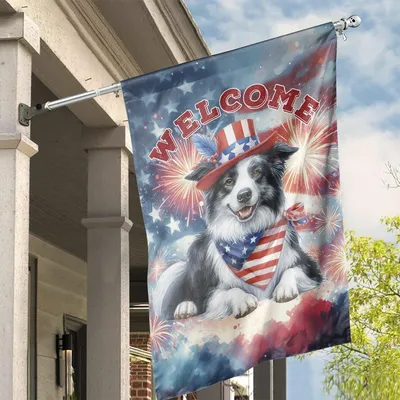 Patriotic Border Collie Welcome Flag, 4th Of July Fireworks Celebration American House Flag Vertical House Flag