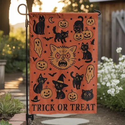 Retro Black Cat Halloween Garden Flag, Spooky Cat Yard Flag, Funny Halloween Decor, Spooky Fall Lawn Sign Vertical Garden Flag