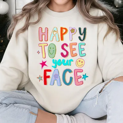 Cute Aesthetic Outfit Sweatshirt, Colorful Smiley Graphic, Gildan Happy To See Your Face Positive Vibes