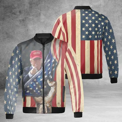 Unisex Donald Trump Bomber Jacket, Make America Great Quote, Us Flag Patriot Supporter Gear, Vintage Style Bomber Jacket