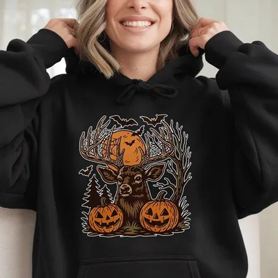 Halloween Deer Hoodie Spooky Forest Buck Hoodie Pumpkins Bats Deer Hoodie Rustic Hunting Halloween Hoodie Fall Antler