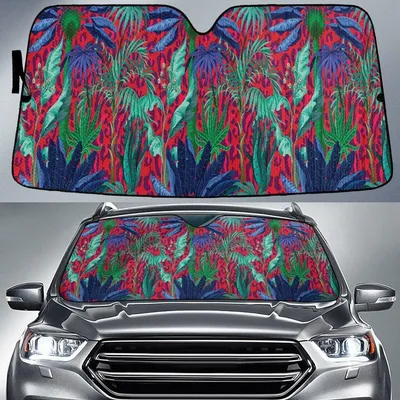 Coconut Palm Tree And Acera Leaf Over Red Leopard Skin Car Sun Shades Cover Auto Windshield PrintSyde