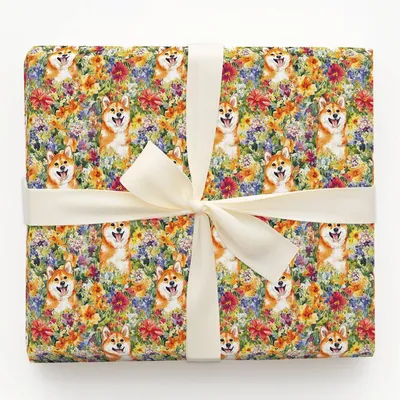 Garden with the Shiba Inus - Gift Wrap for Christmas, Holidays Wrapping Paper, Christmas Wrapping Paper