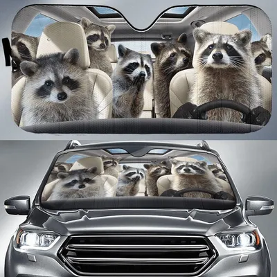 Raccoon Car All Over Printed 3D Sun Shade, Cute Sunshade For Cars