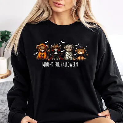Halloween Highland Cow Sweatshirt – Funny “Moo’d for Halloween” Ghost Cow Pullover