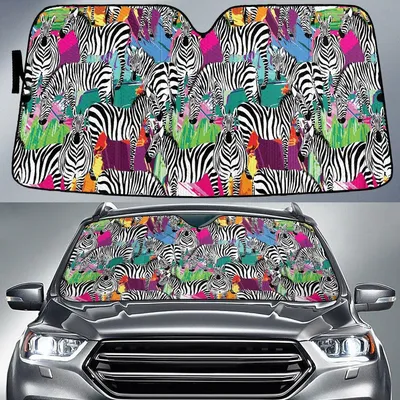 Colorful Zebra Animal In The Zoo Green Grass Car Sun Shades Cover Auto Windshield PrintSyde