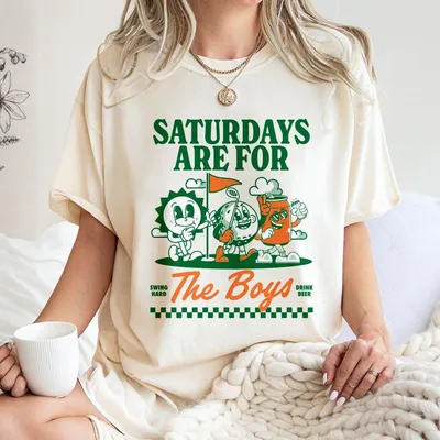 Saturdays Are For The Boys T-Shirt Funny Golf Club Cartoon Graphic T-Shirt Swing Hard Drink Beer Weekend Party T-Shirt