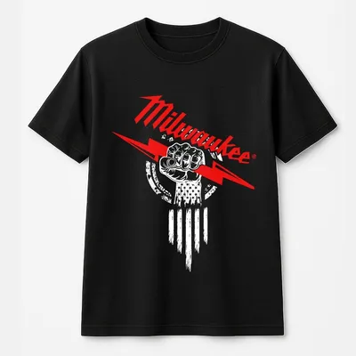 Milwaukee T-Shirt – Bold Red Lightning Fist Logo On Back With Vintage Style, Unisex T-Shirt For Tool Lovers, Casual Workwear T-Shirt, Streetwear Top