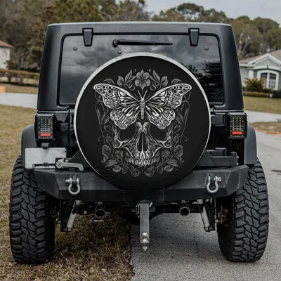 Gothic Dark Engraved-Style Skull Butterfly Tire Cover Fits Campers, Includes Backup Camera Cutout Spare Tire Cover
