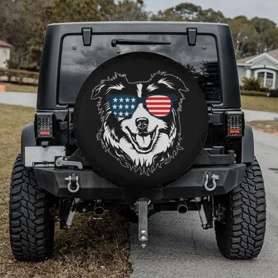 Australian Shepherd Spare Tire Cover, Patriotic American Flag Sunglasses Dog Art, Aussie Dog Owner Gift, Backup Camera Hole Option, Universal Fit Suv Spare Tire Cover