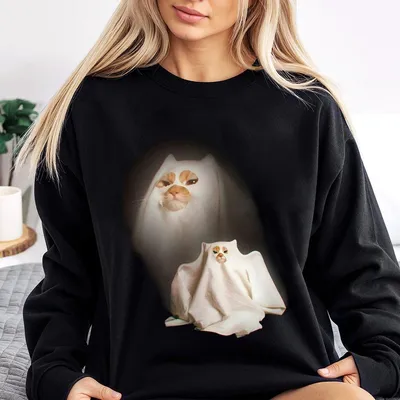 Retro Funny Vintage Graphic Sweatshirt,Ghost Kitten Sweatshirt,Unisex Meme Cringe Funny Dumb Sweatshirt,Menswear Womenswear Streetwear Summer