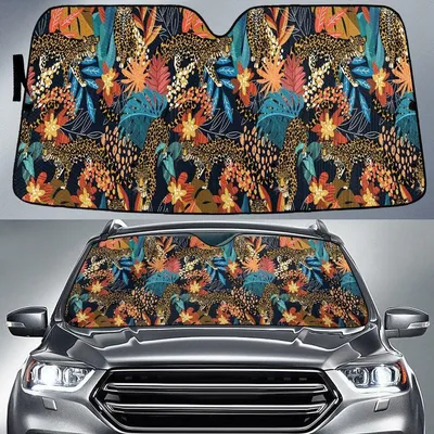 Jaguar Cheetah And Plumeria Flower Tropical Palm Leaves Car Sun Shades Cover Auto Windshield PrintSyde
