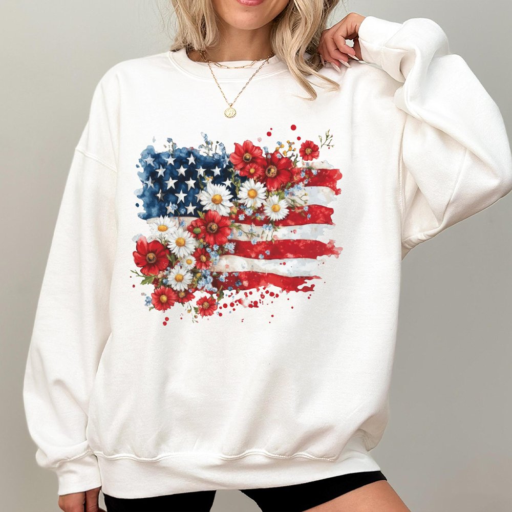 Floral American Flag Sweatshirt Coquette 4th Of July Retro 4th Of July Outfits Patriotic