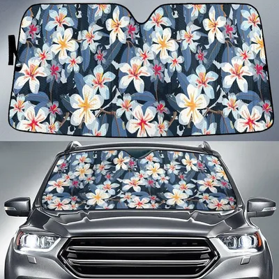 White Plumeria Flower Painting Style Charcoal Theme Car Sun Shades Cover Auto Windshield PrintSyde