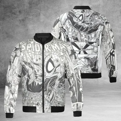 Unisex Marvel Spider-Man Comic Bomber Jacket, Vintage Torment Art, Black & White Superhero Fan Merch Bomber Jacket