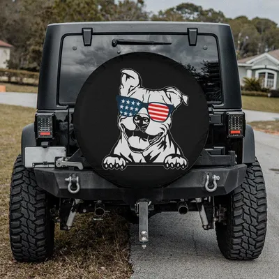 Patriotic Pit Bull Spare Tire Cover, Funny Dog Wheel Cover With Sunglasses Design, Pet Lover Car Accessories, American Flag Style Spare Tire Cover Spare Tire Cover