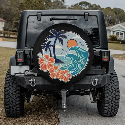 Hibiscus Flower Tropical Island Spare Tire Cover, Coastal Beach Graphic, Durable Wheel Protector, Stylish Decor Spare Tire Cover