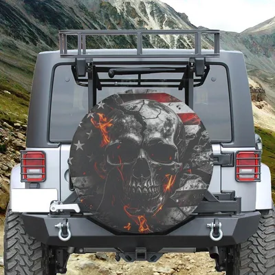 Patriotic Skull Spare Tire Cover, American Flag Gothic Design, Halloween And Biker Style Car Accessory Spare Tire Cover