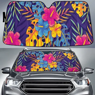 Torn Monstera Leaves And Hibiscus Flower Purple Theme Car Sun Shades Cover Auto Windshield PrintSyde