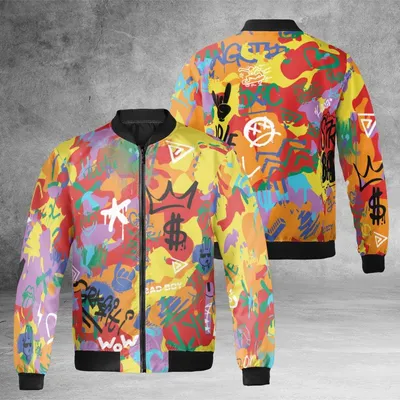 Graffiti Windproof Bomber Jacket, Street Band Doodle Style, All-Over Print Streetwear, Colorful Abstract Art Bomber Jacket