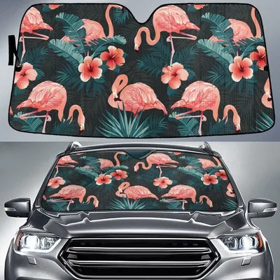 Red Chinese Hibiscus Flower And Flamingo Animal Dark Green Car Sun Shades Cover Auto Windshield PrintSyde