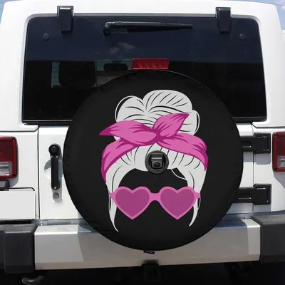 Messy Bun Spare Tire Cover, Pink Bandana Heart Glasses Design, Mom Life Wheel Protector, Funny Women Car Accessory Spare Tire Cover